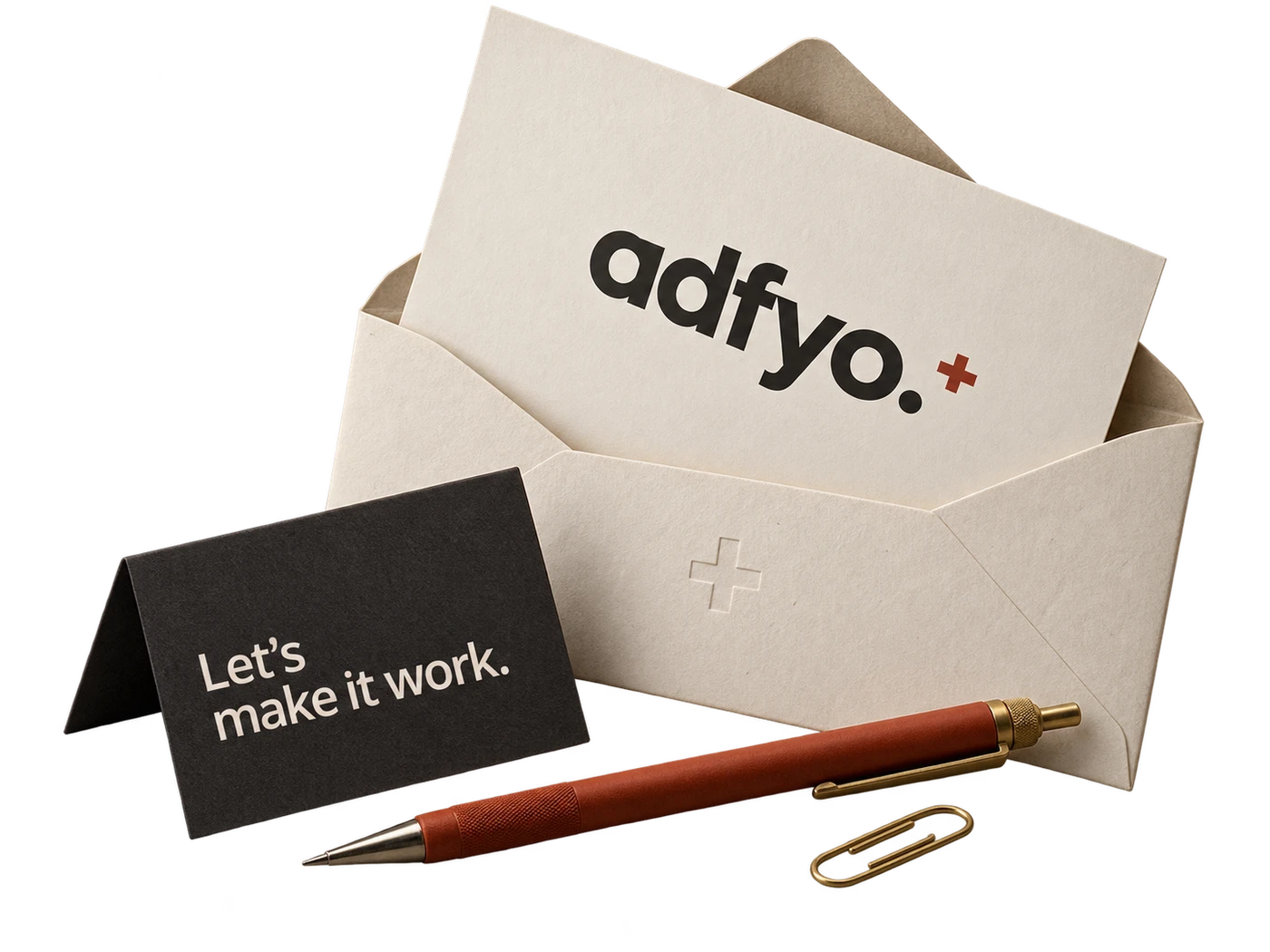 An Adfyo envelope, brief card and terracotta pencil