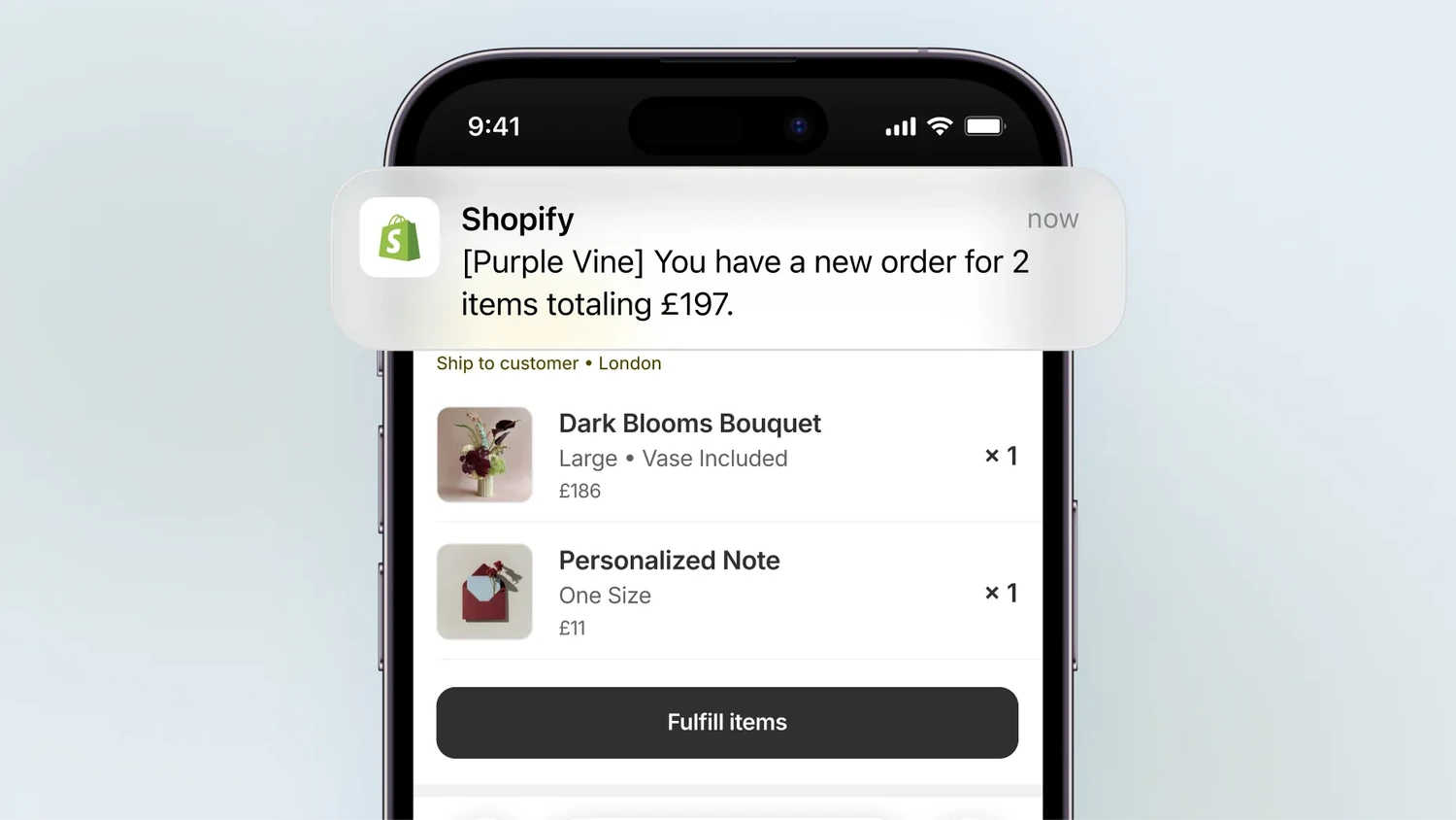 Original Shopify mobile artwork: an iPhone with a new order notification for Purple Vine, two items totalling £197