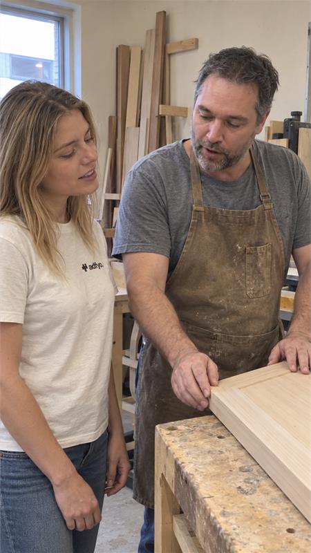 A joiner checking a cabinet door during a creative location visit
