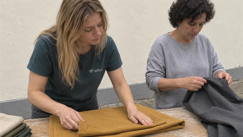An Adfyo colleague and a shop owner folding cotton fabrics at an outdoor table