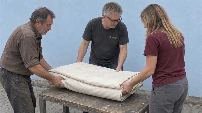The Adfyo crew and a workshop owner lowering a folded canvas onto an outdoor workbench